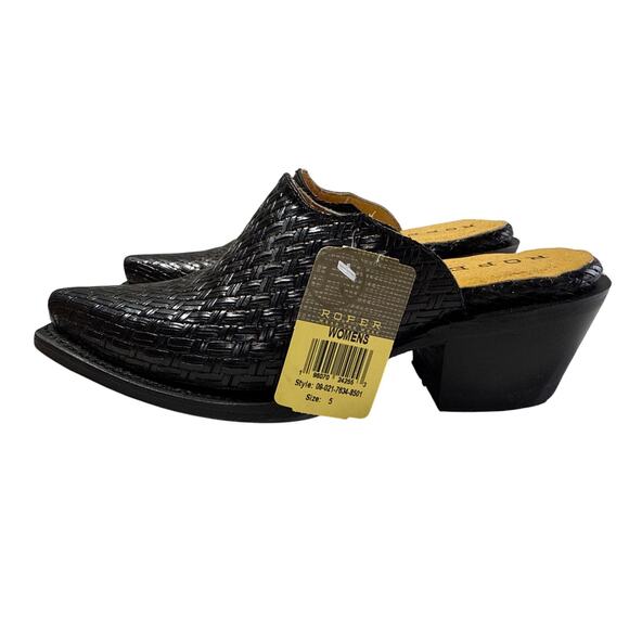 Roper Mary Mules Women's Size 5 Snip Toe Basketweave Embossed Black Leather - Picture 5 of 9
